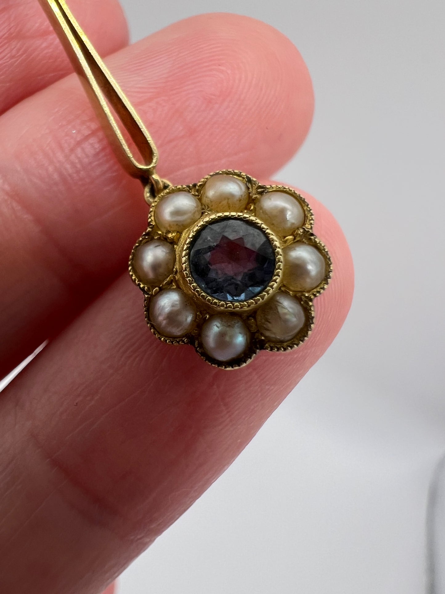 Cornflower Blue Sapphire Daisy Pearl Edwardian Pendant 15ct Gold