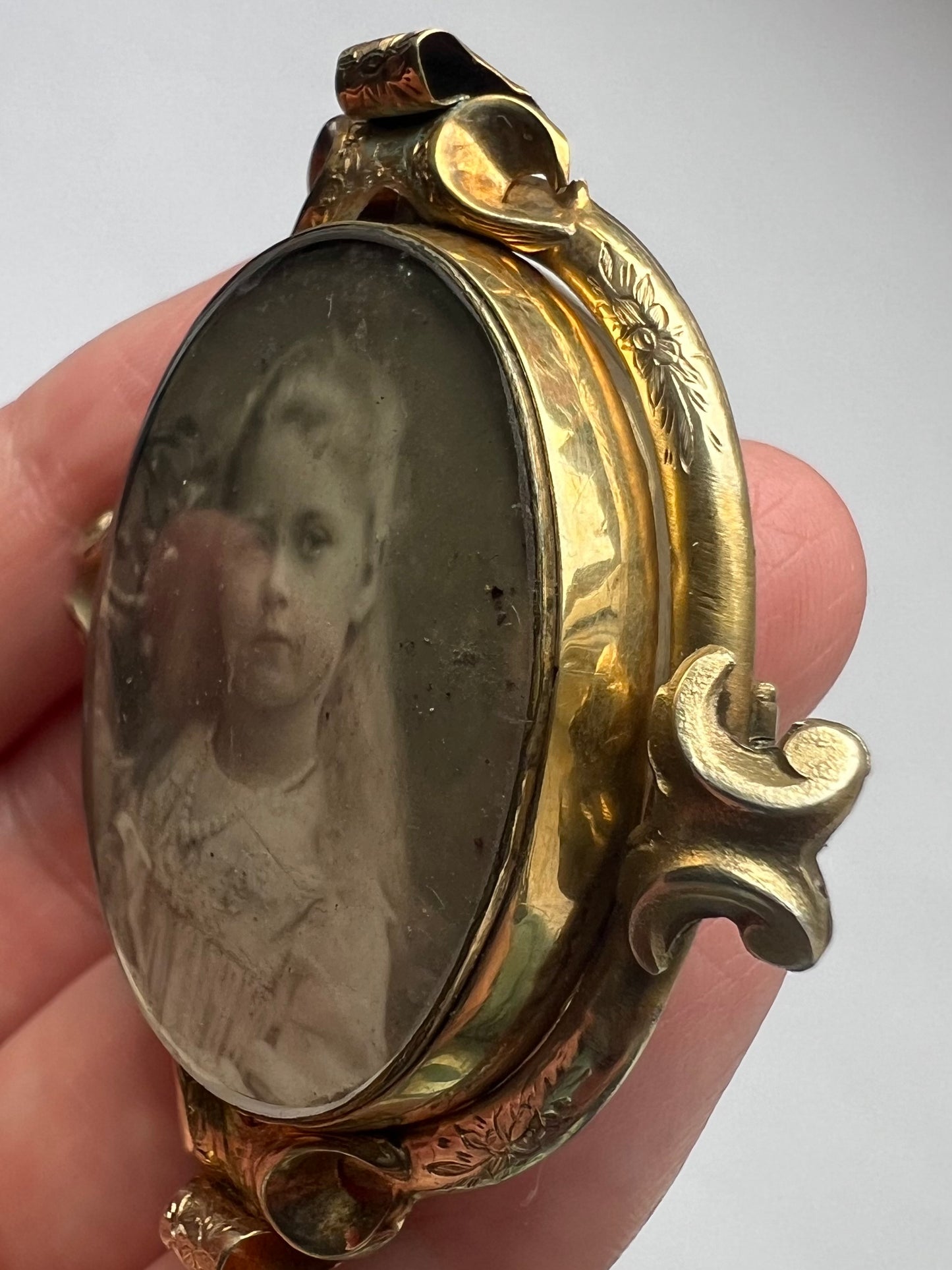 Unusual Picture Locket Swivel Brooch Solid 9ct Gold and Enamel Flowers