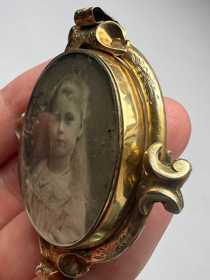 Unusual Picture Locket Swivel Brooch Solid 9ct Gold and Enamel Flowers