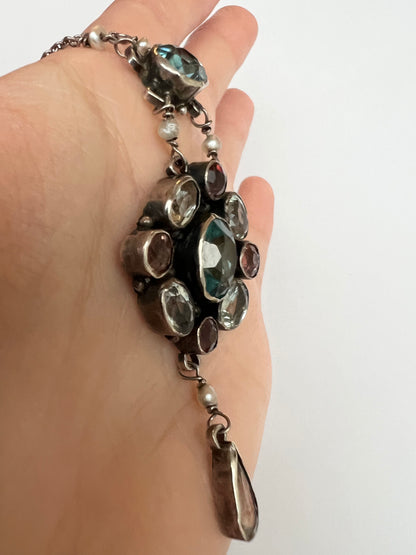 Pink Tourmaline Blue Zircon Rock Crystal Arts & Crafts Silver Pendant. Reserved, please enquire