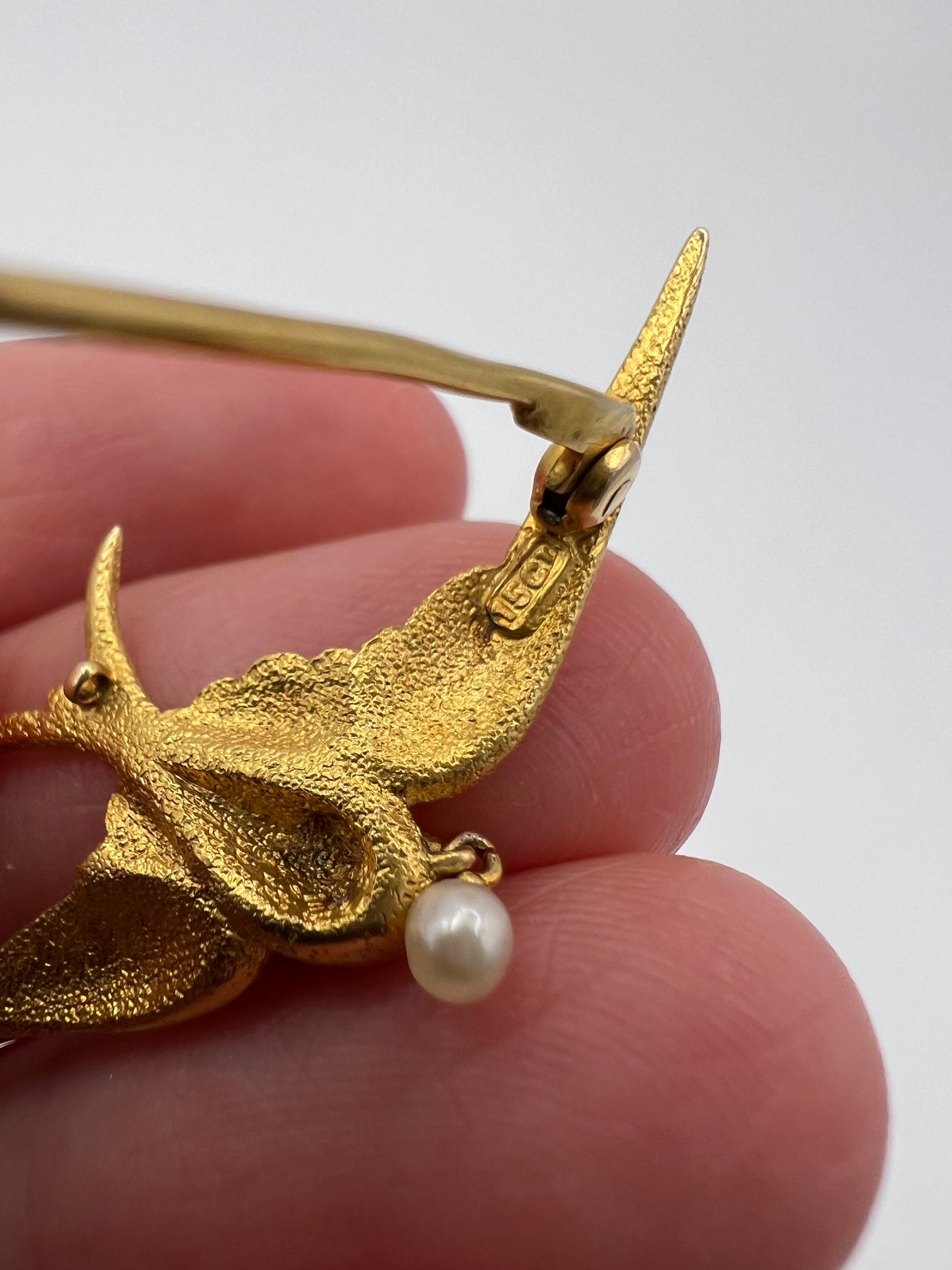 RESERVED 15ct Gold Swallow With Pearl Brooch