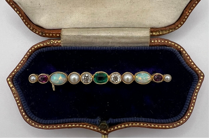 Beautiful Boxed Emerald Old Cut Diamond Opal Ruby Harlequin Specimen Brooch Pin