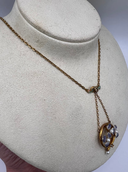 Art Nouveau Pansy Flower Enamel & Pearl Gold Necklace