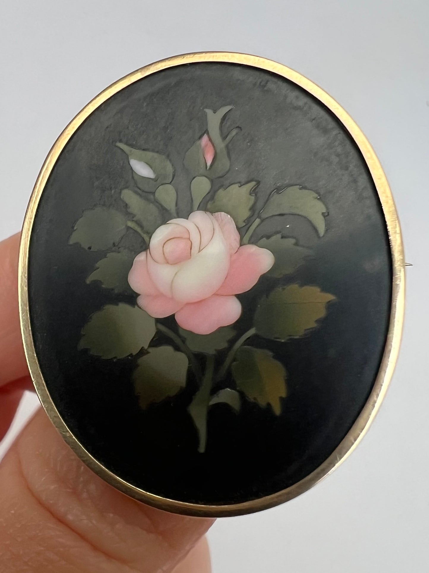 Pietra Dura Rose Oval Gold Flower Brooch