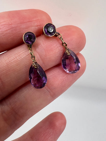 Sweet Edwardian Amethyst Teardrop Pear Cut Gold Drop Earrings