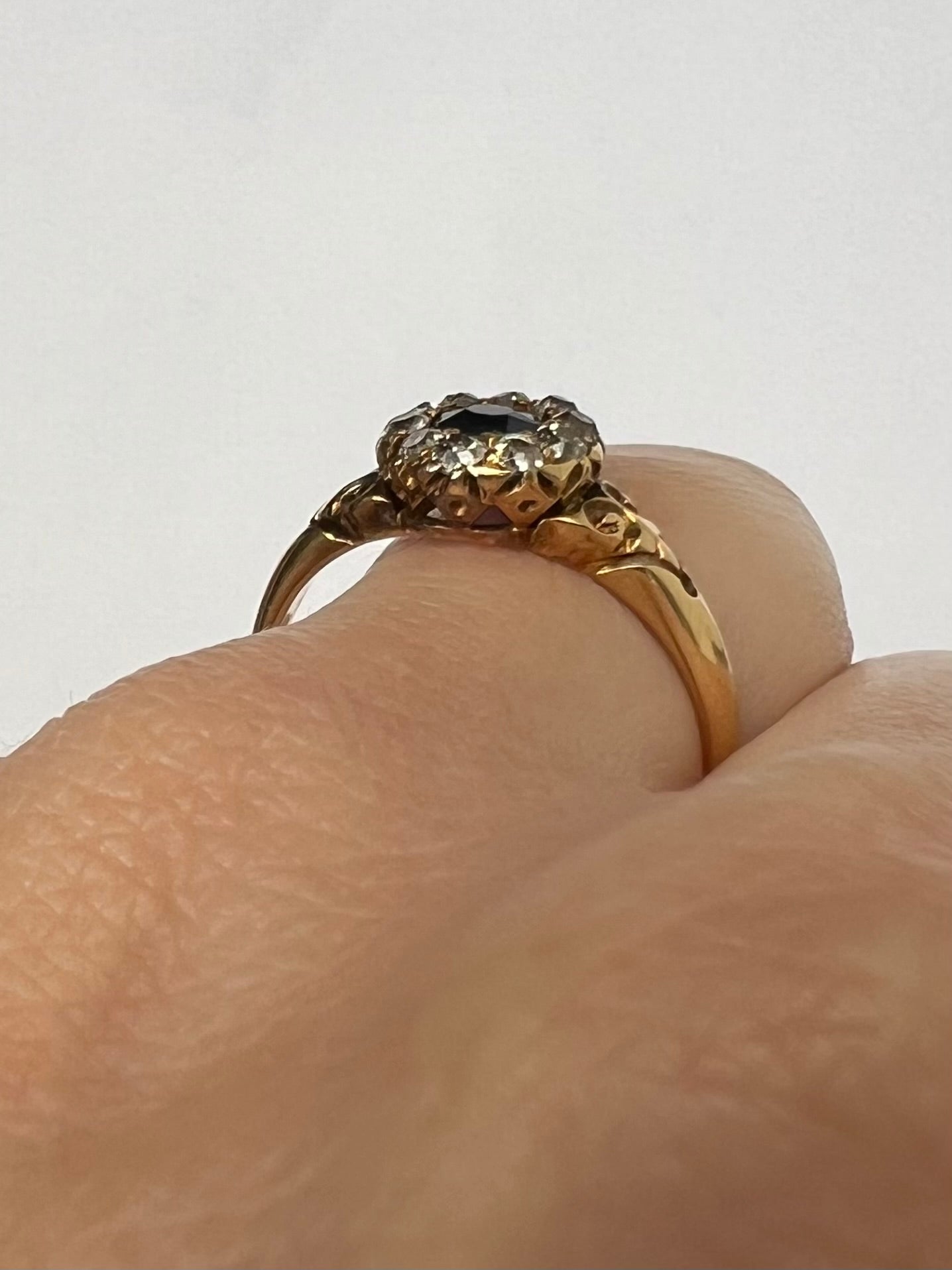 1888 Cute Sapphire Old Cut Diamond Halo 18ct Gold Ring