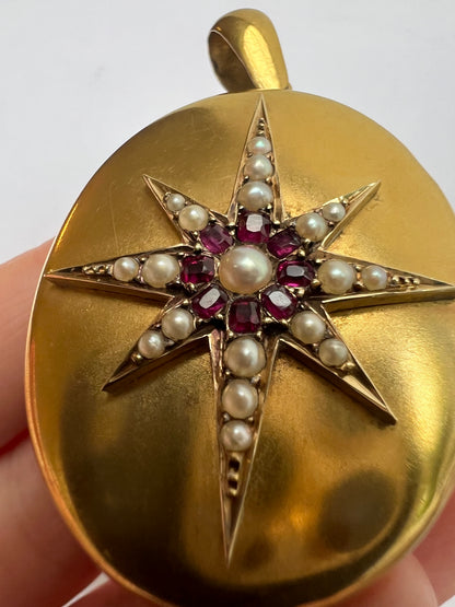 Victorian Gold Ruby Pearl Large Locket Star Pendant