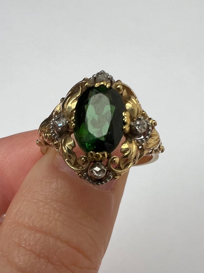 Unusual Arts and Crafts Green Tourmaline Diamond Gold Ring Perhaps American