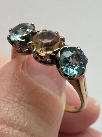 Peach Pink Topaz & Aquamarine 3 Stone Harlequin Pastel Colour Ring in 18ct Gold