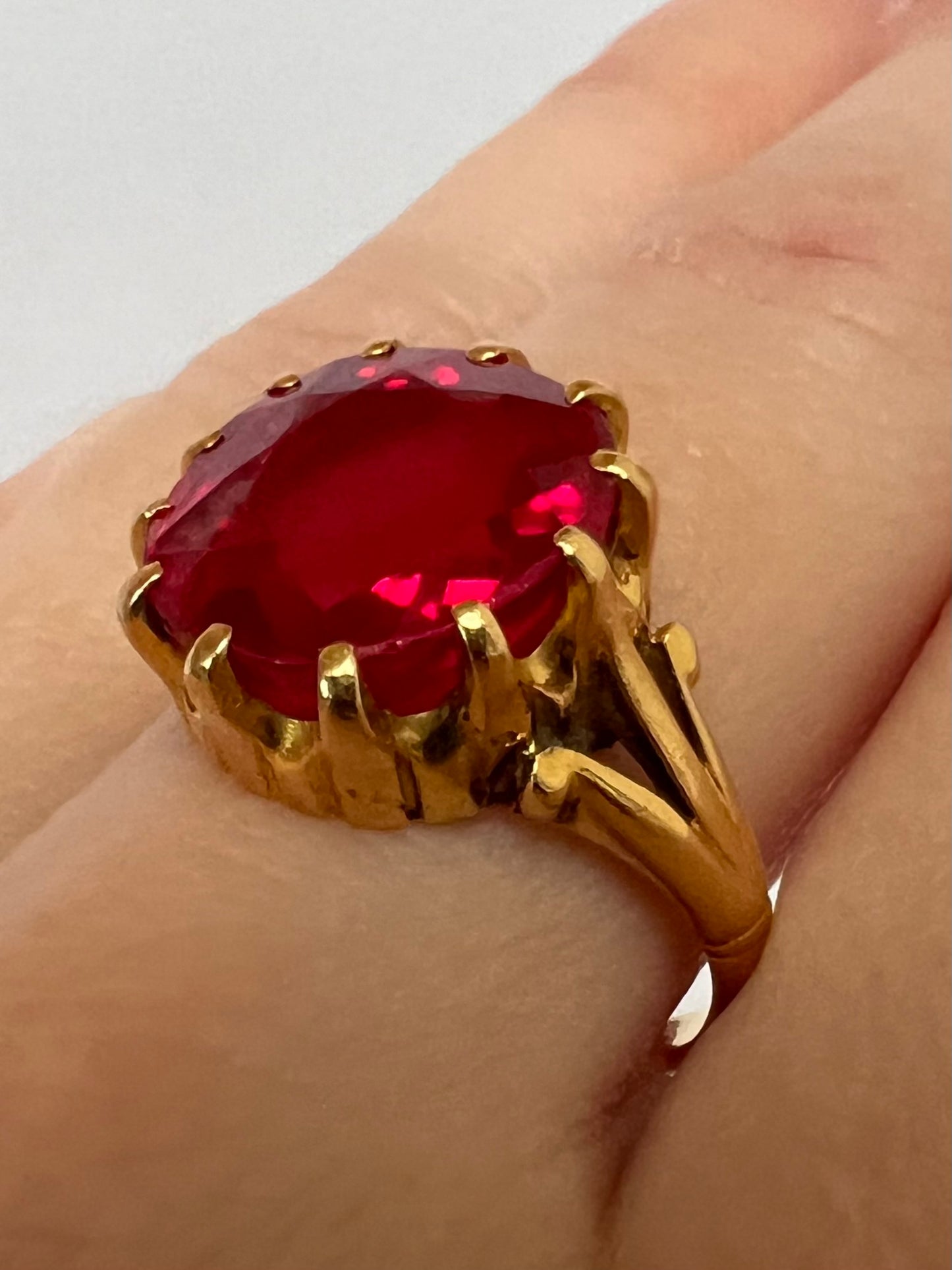 22ct Gold Large Created Ruby Hand Faceted Gents Pinky Ring