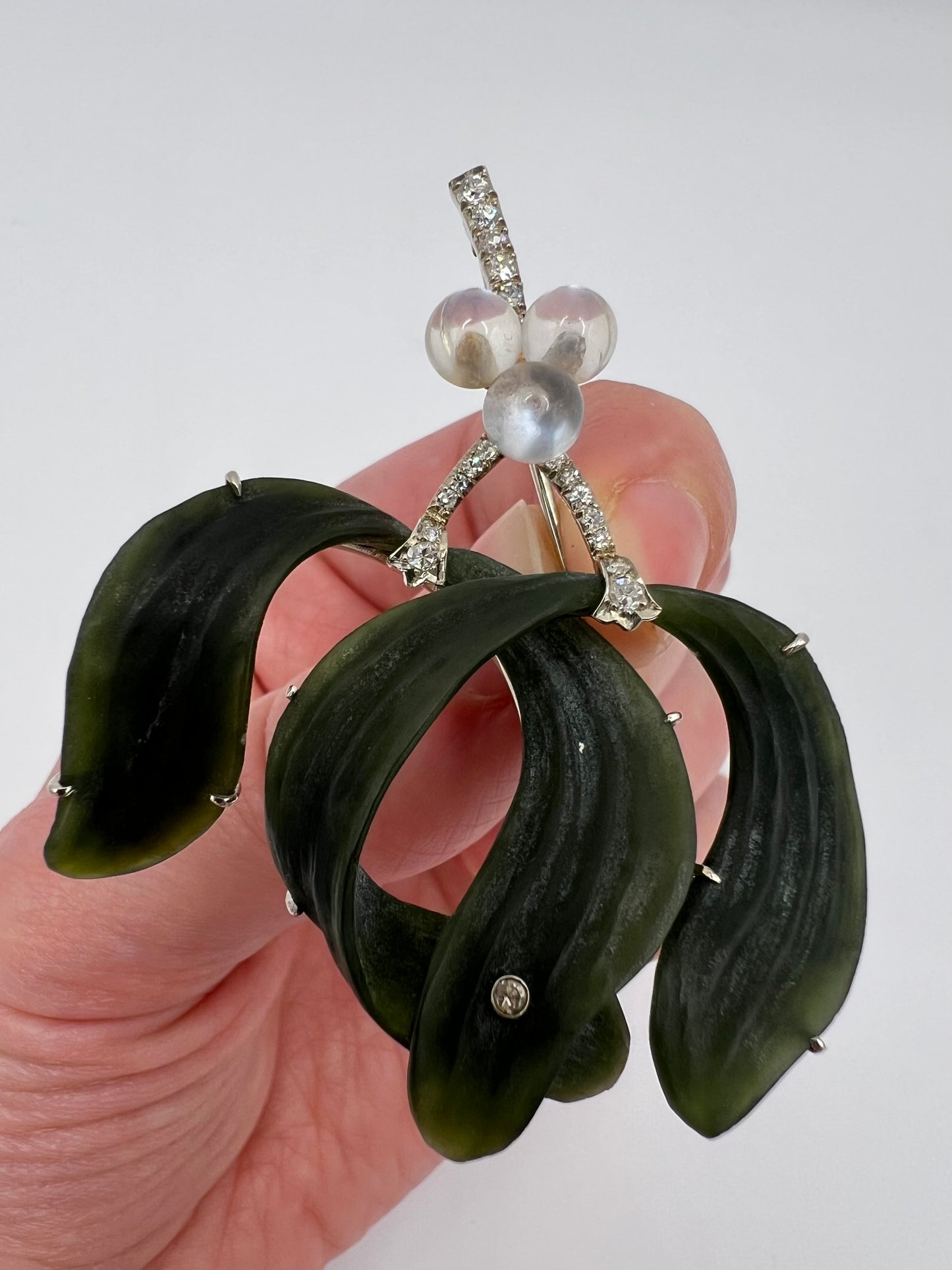 Nephrite Jade, Moonstone, Diamond White Gold Christmas Mistletoe Brooch / Pendant