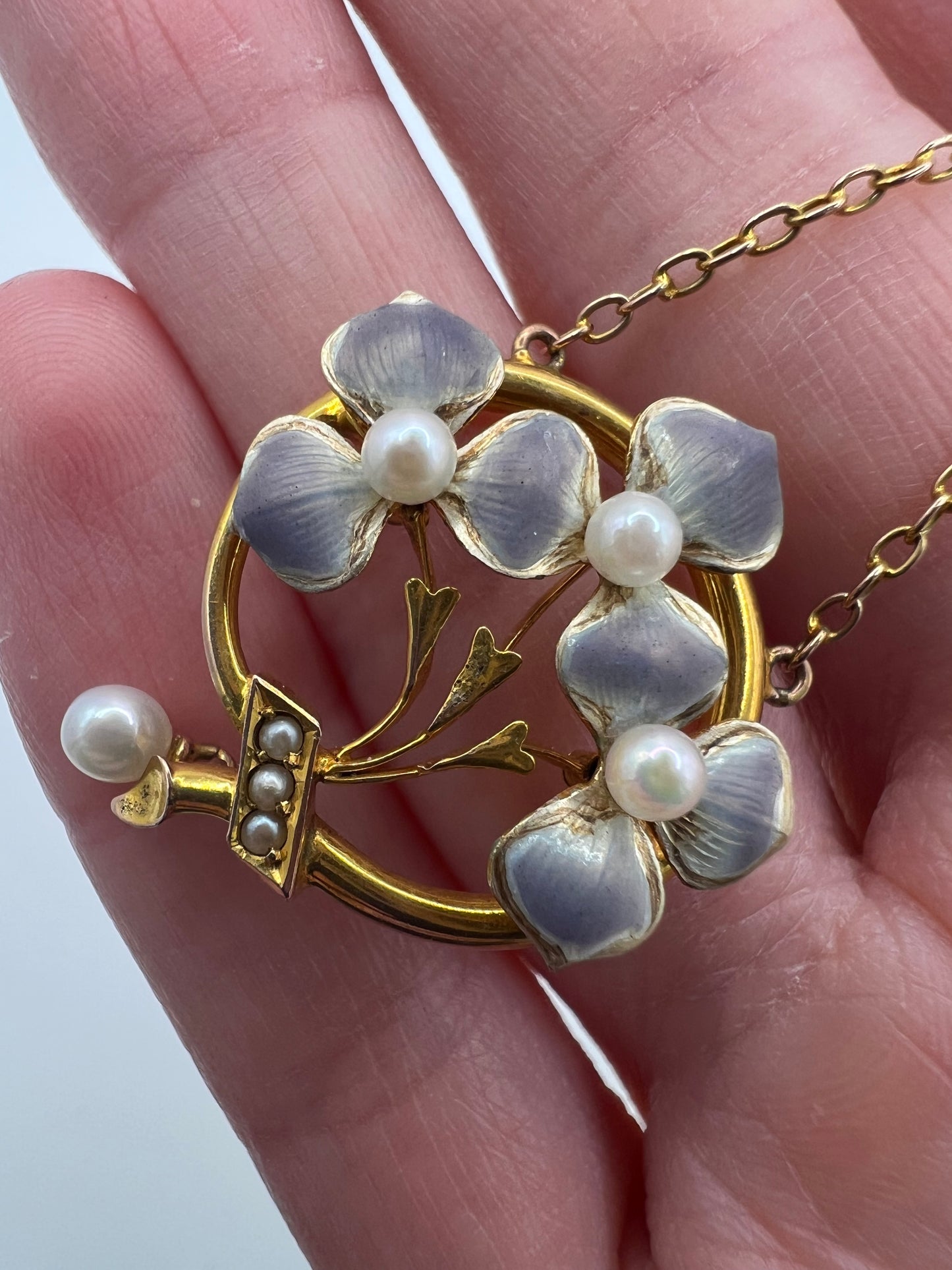 Art Nouveau Pansy Flower Enamel & Pearl Gold Necklace