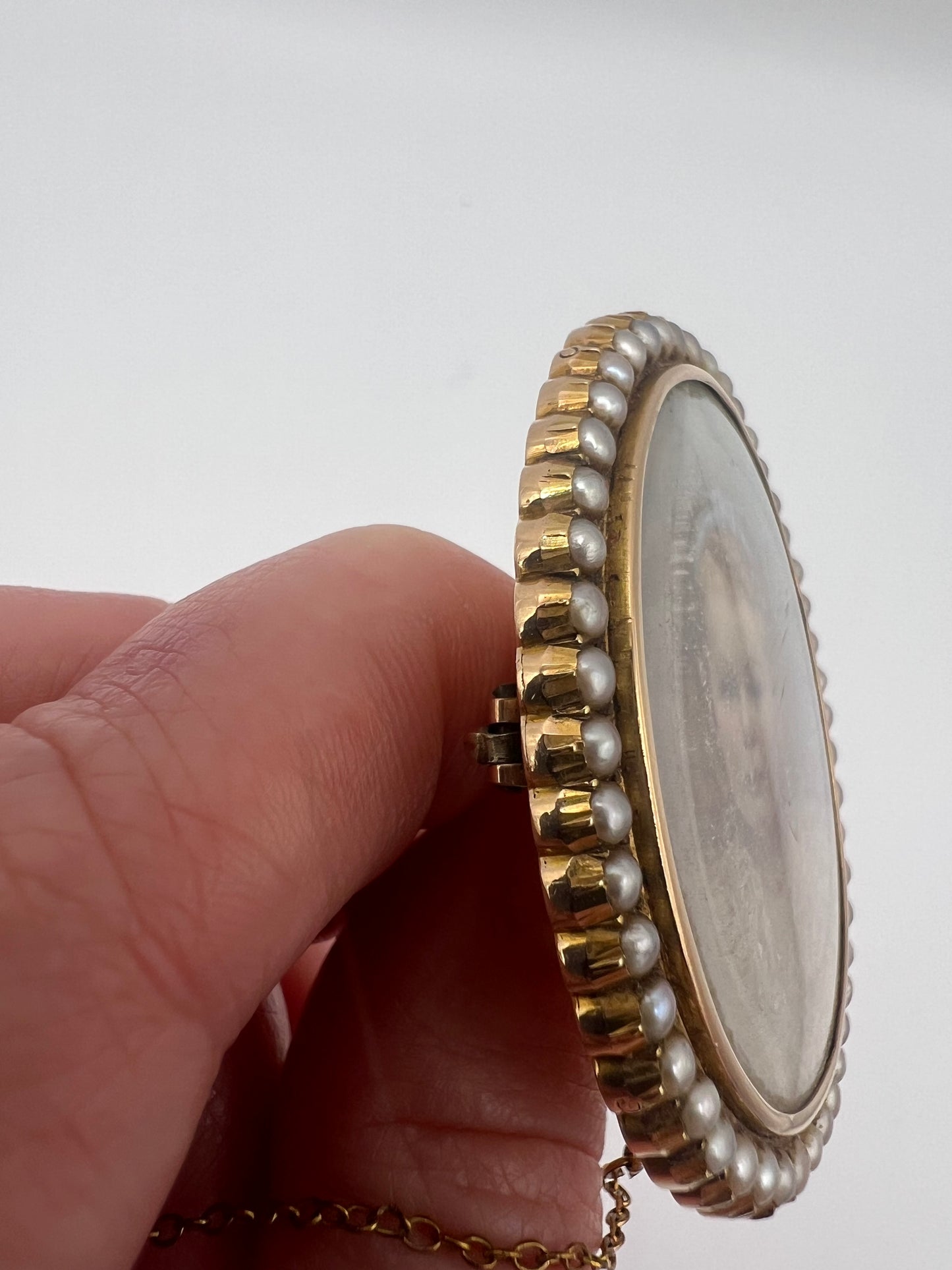 Oval Portrait Miniature Brooch Of Pretty Girl in Gold And Pearl Frame