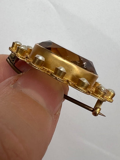 Large Citrine and Pearl Victorian Gold Flower Brooch