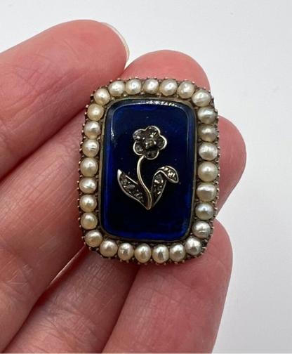 Gorgeous Georgian Sentimental Gold Pearl Diamond Blue Enamel Brooch Pin in Box