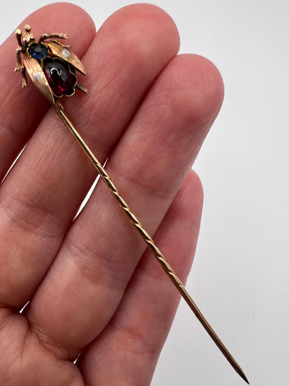 Velvet Boxed Victorian Fly Gold Sapphire Garnet Stick Pin