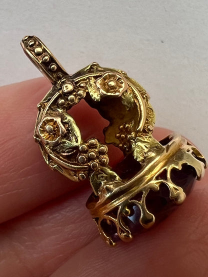 Early Victorian Small Amethyst Rose and Yellow Gold Watch Fob Pendant