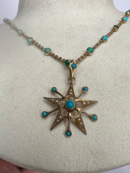15ct Gold Fancy Turquoise Chain and Turquoise Pearl Star Pendant