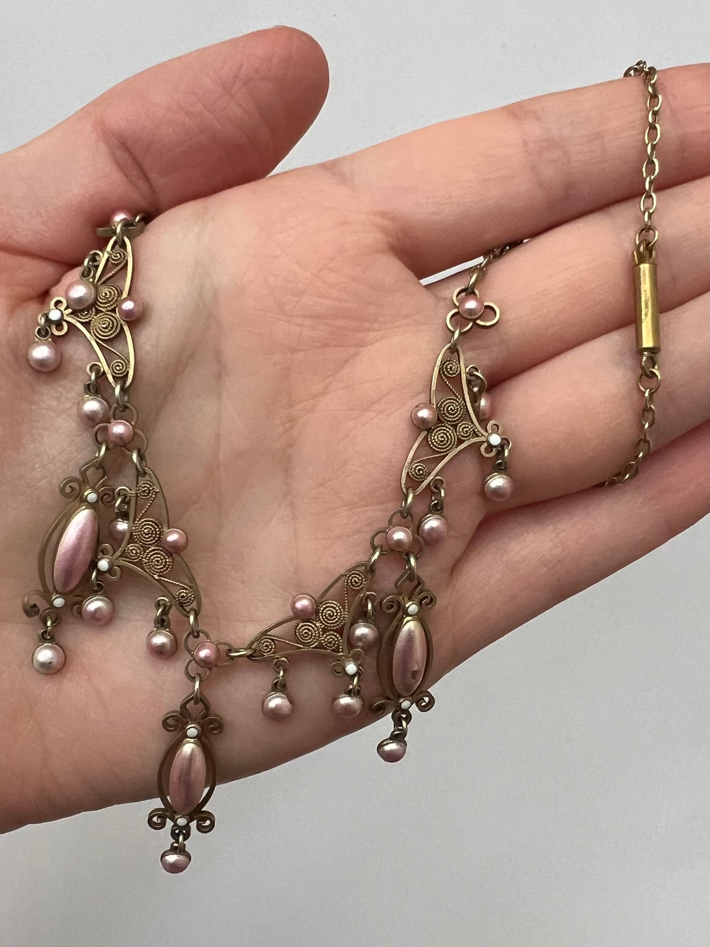 Pink Enamel Silver Gilt Norwegian Necklace Attributed to Marius Hammer