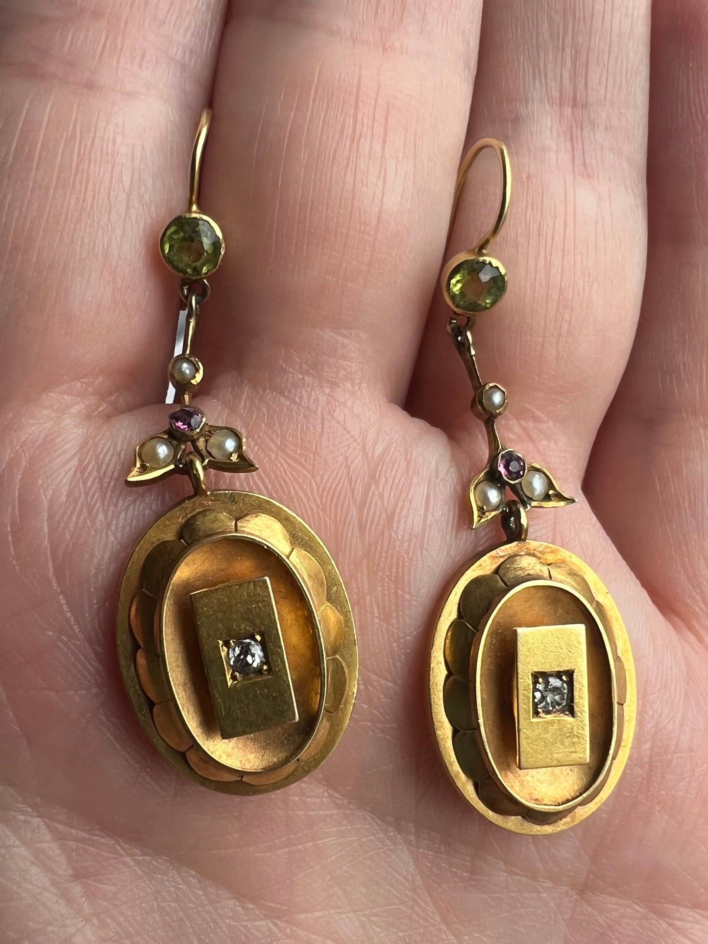 15ct Gold Suffragist Earrings Tourmaline Diamond Pearl Peridot