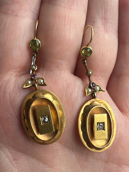 15ct Gold Suffragist Earrings Tourmaline Diamond Pearl Peridot