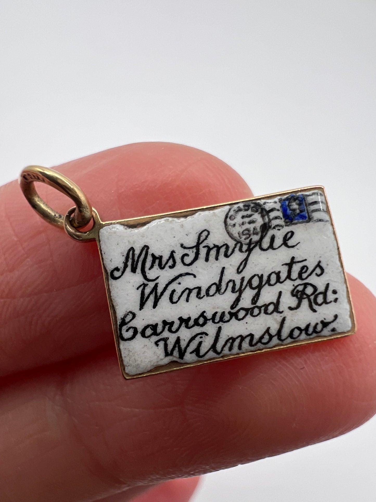 Mrs Smylie Enamel Gold Postcard Charm Pendant Wilmslow and philately Interest
