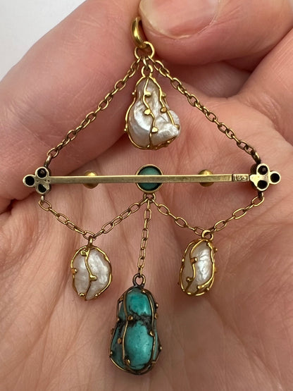 18ct Gold Arts & Crafts Pearl Turquoise Pendant Possibly Liberty