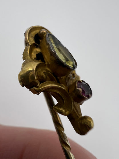 Chrysoberyl And Garnet Rococo Style Gold Boxed Stick Pin