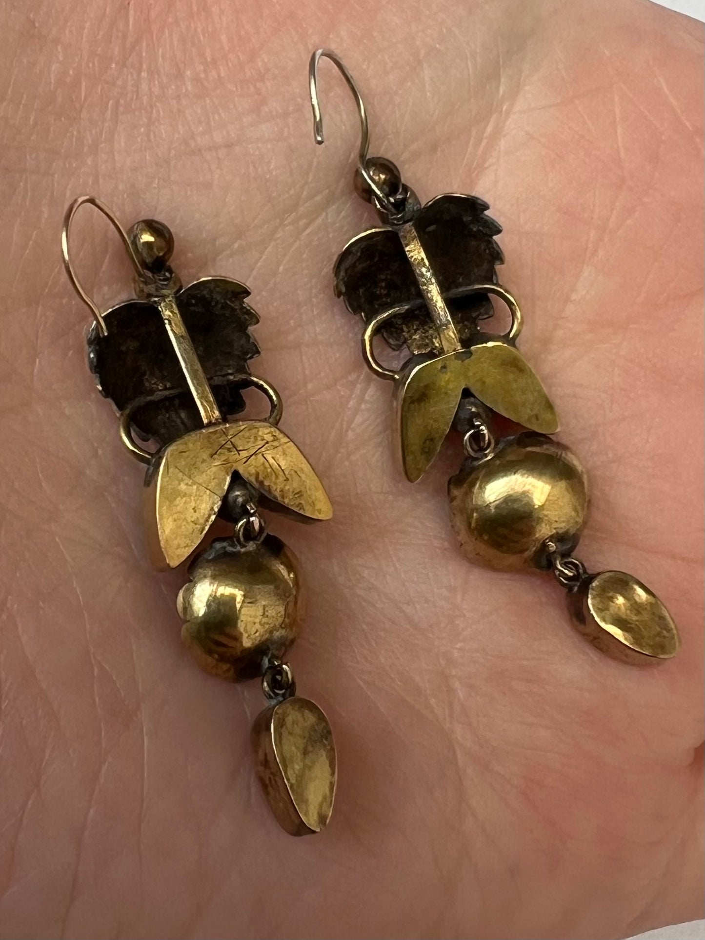 Gold Early 19th Century Pink Almandine Garnet Leaf Earrings