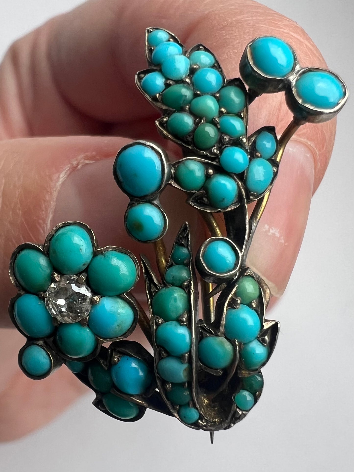 Forget Me Not Victorian Turquoise Diamond Flower Brooch