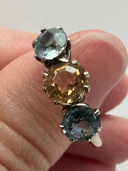 Peach Pink Topaz & Aquamarine 3 Stone Harlequin Pastel Colour Ring in 18ct Gold