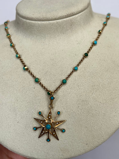 15ct Gold Fancy Turquoise Chain and Turquoise Pearl Star Pendant