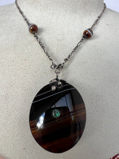 Arts & Crafts Banded Agate Silver Pendant Necklace