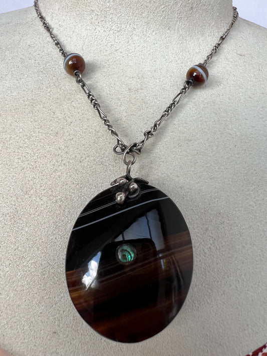 Arts & Crafts Banded Agate Silver Pendant Necklace
