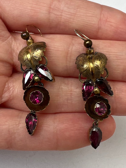 Gold Early 19th Century Pink Almandine Garnet Leaf Earrings