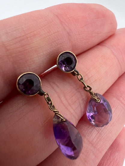 Sweet Edwardian Amethyst Teardrop Pear Cut Gold Drop Earrings
