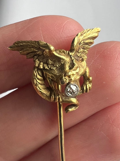 French Art Nouveau Gold Diamond Chimera Dragon Stick Pin 18ct Gold