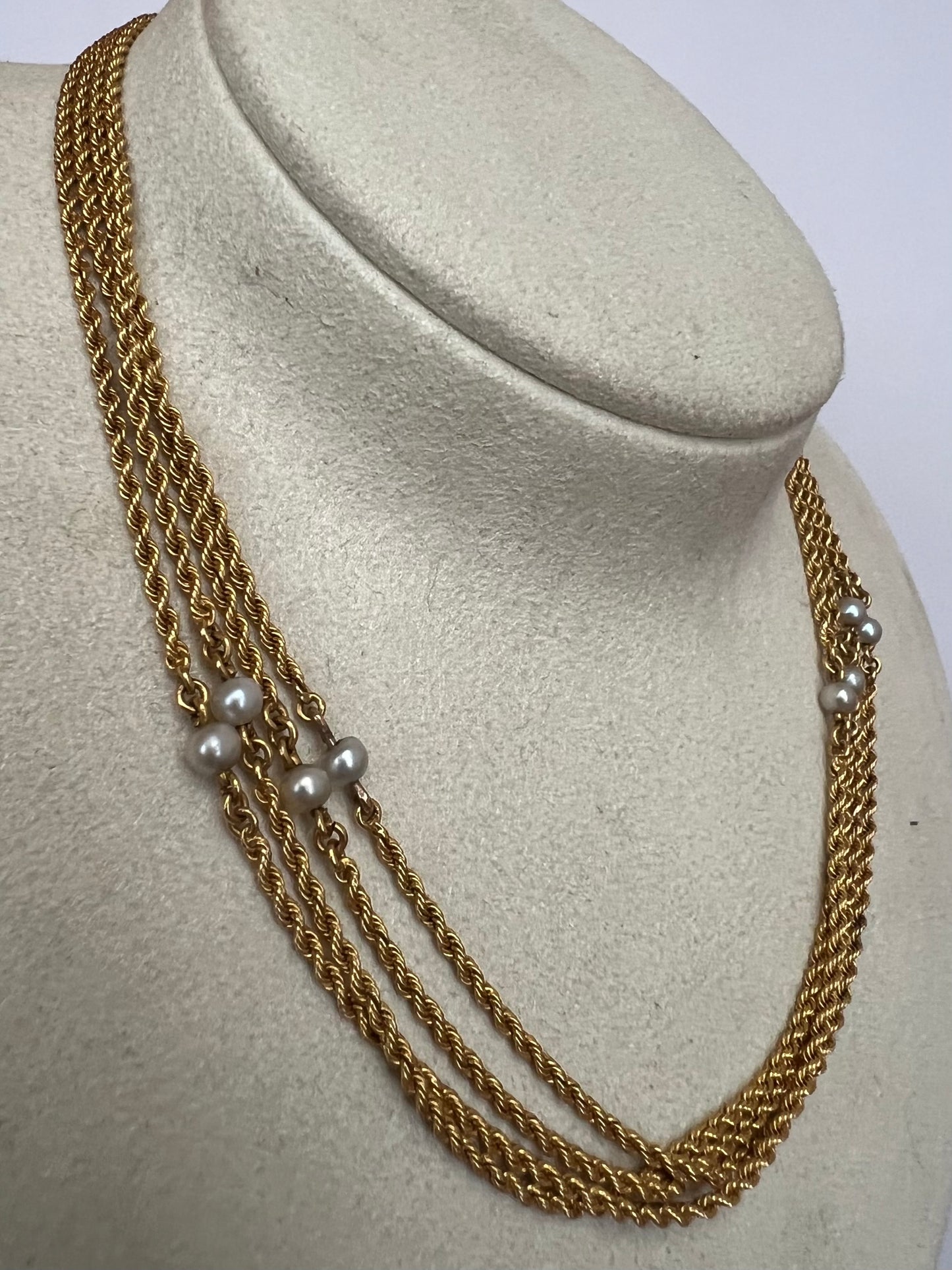 Very Long 54.7" 15ct Gold Muff Chain With Pearls