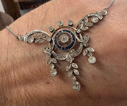 Antique Belle Époque diamond 18ct White Gold Sapphire Lavalier Necklace