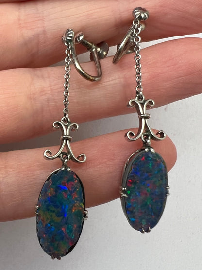 Elegant Early 20th Century Black Opal White Gold Drop Earrings