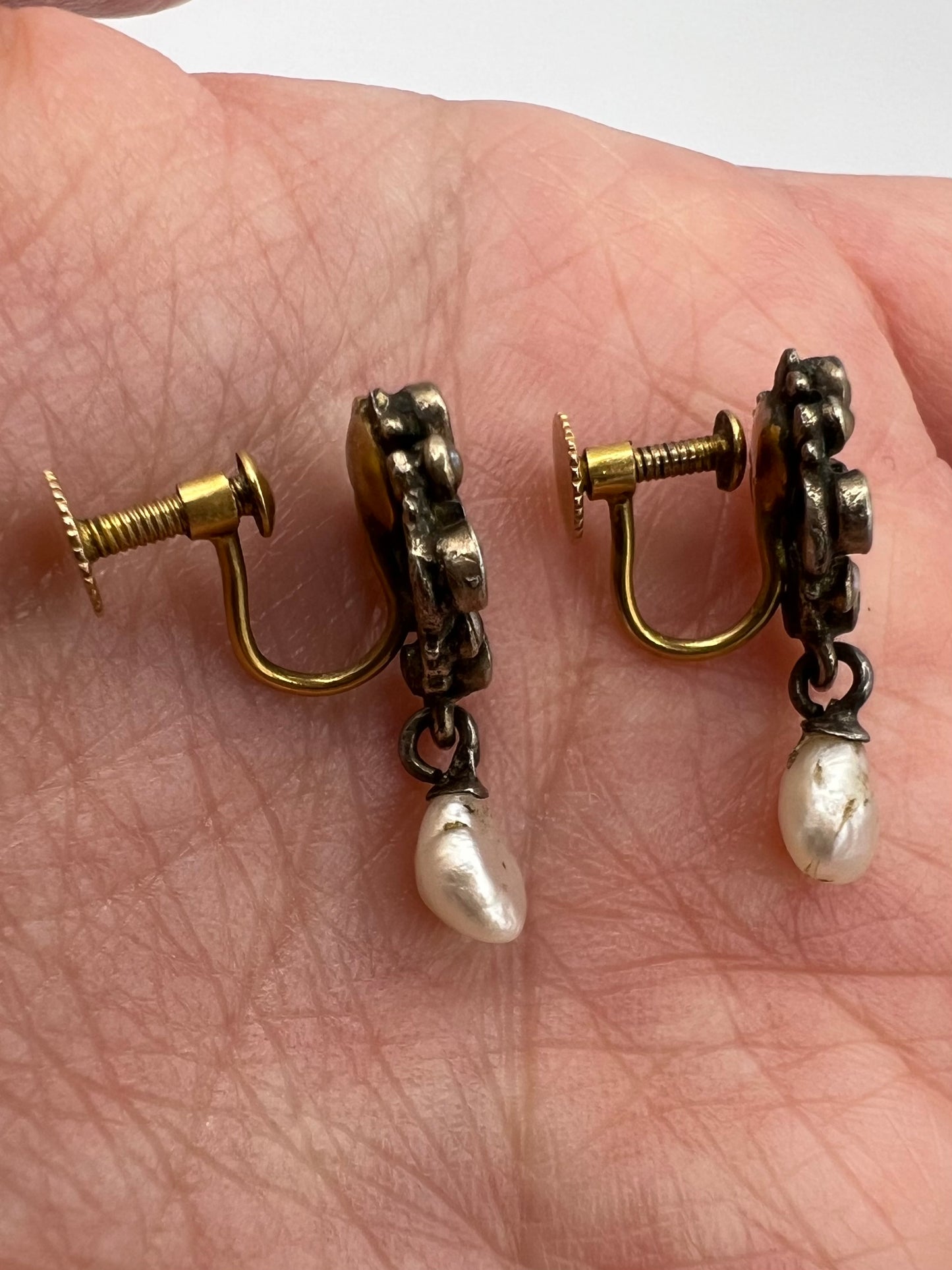 Austro Hungarian Antique Emerald Pearl Gold Silver Screw Back Earrings