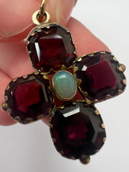 Georgian Revival Victorian Gold Almandine Garnet Opal Cruciform Pendant