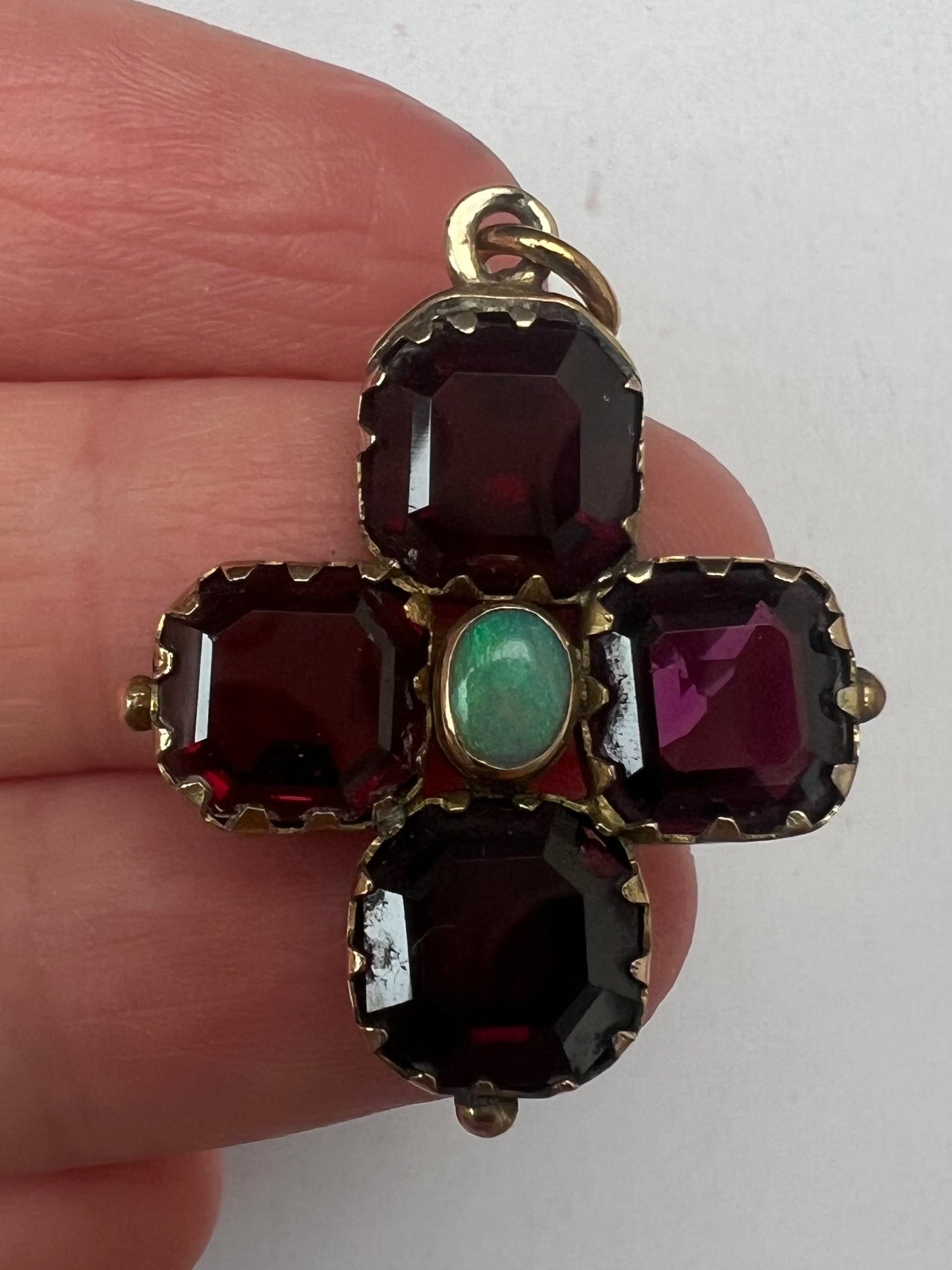 Georgian Revival Victorian Gold Almandine Garnet Opal Cruciform Pendant