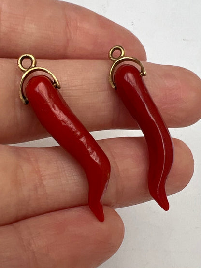Coral Cornicello Chilli Pepper Talisman Antique Pair for Earrings