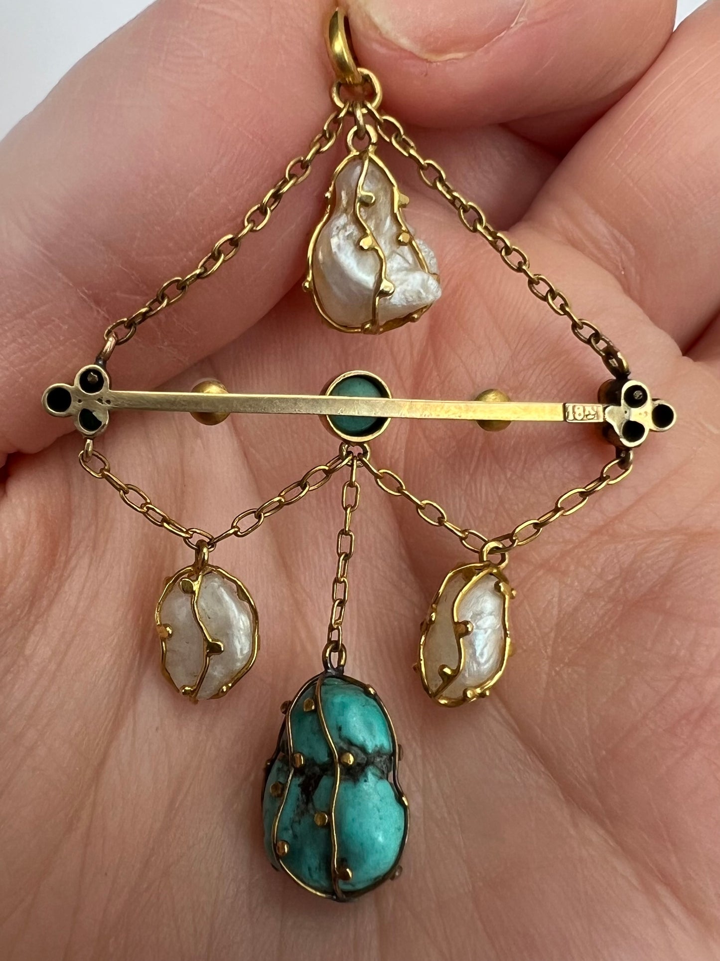 18ct Gold Arts & Crafts Pearl Turquoise Pendant Possibly Liberty
