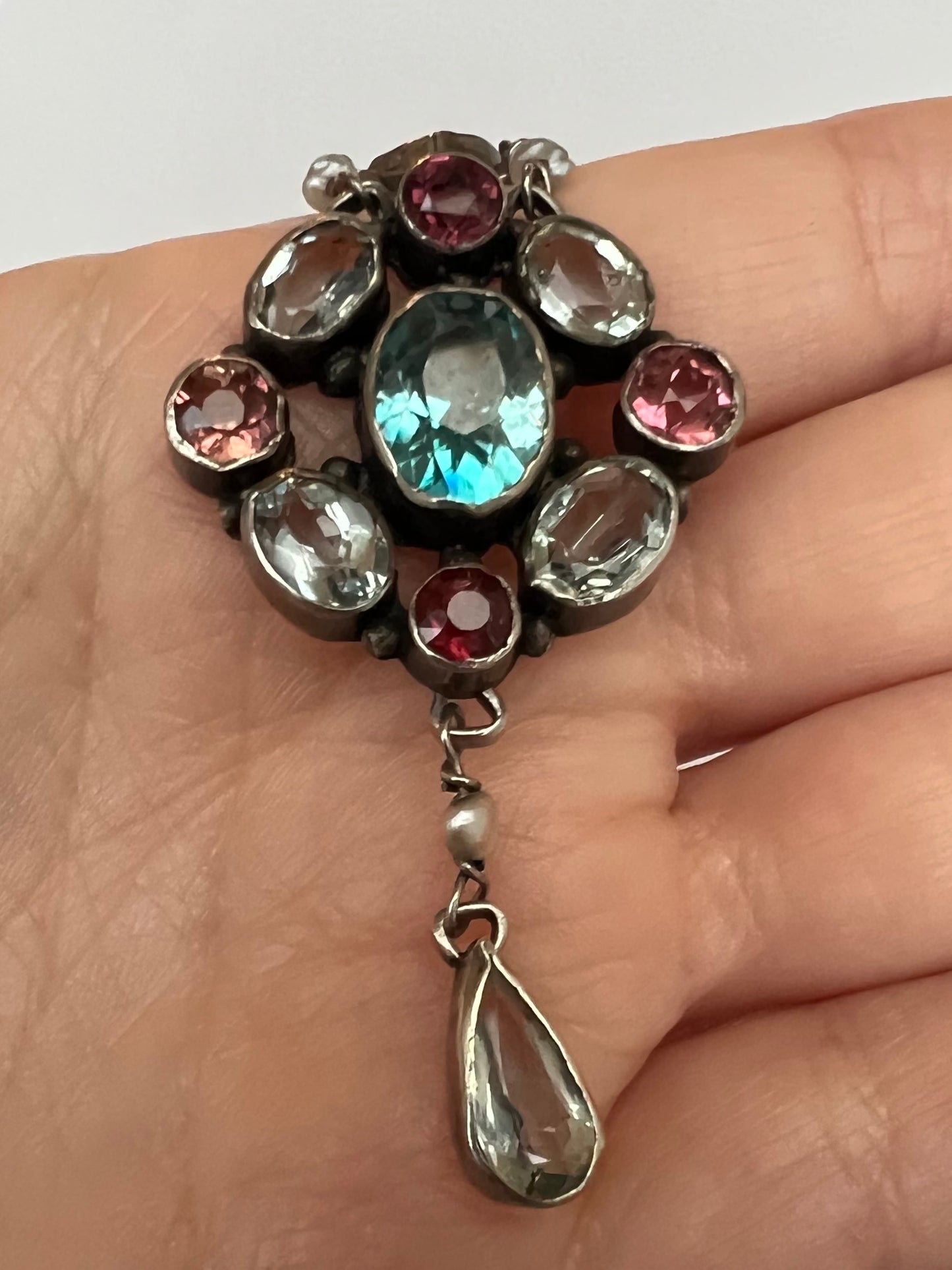 Pink Tourmaline Blue Zircon Rock Crystal Arts & Crafts Silver Pendant. Reserved, please enquire