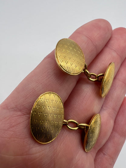 Gold Art Deco Solid 18ct Engine Turned Oval Double Cufflinks