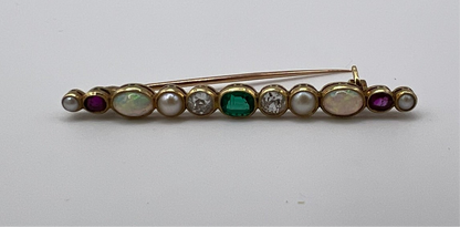 Beautiful Boxed Emerald Old Cut Diamond Opal Ruby Harlequin Specimen Brooch Pin