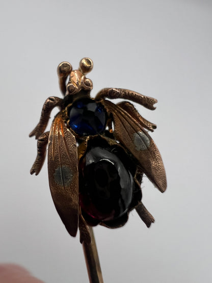 Velvet Boxed Victorian Fly Gold Sapphire Garnet Stick Pin