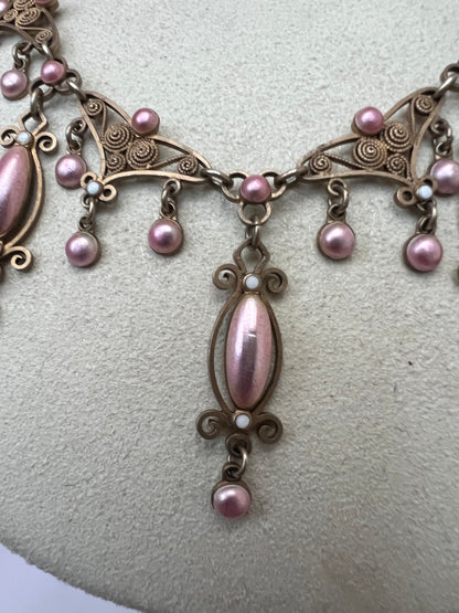 Pink Enamel Silver Gilt Norwegian Necklace Attributed to Marius Hammer